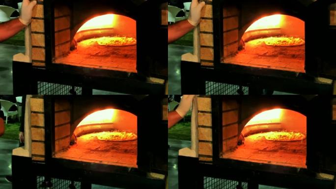 在气砖便携式烤箱中烹饪比萨饼。4K