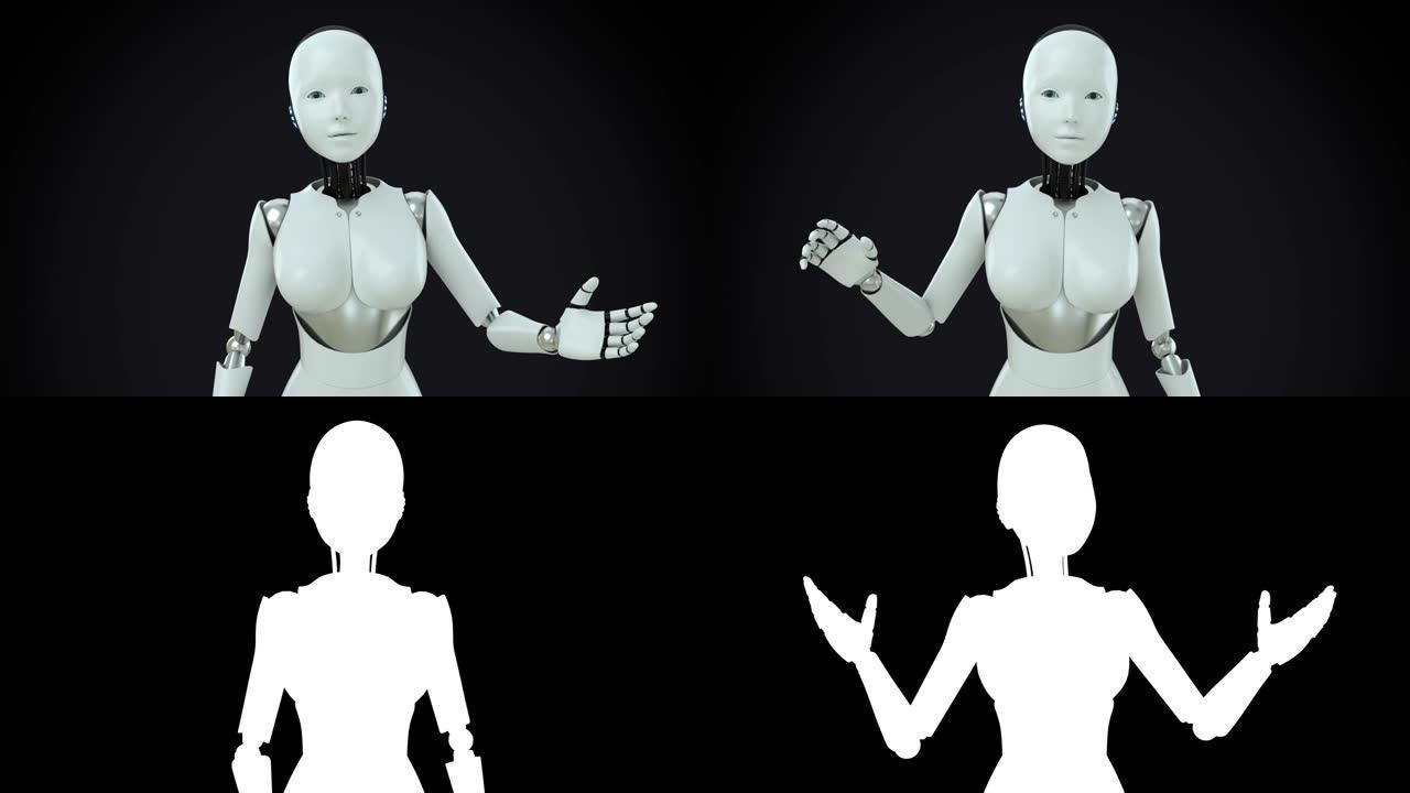 一个人形机器人对着镜头说话。女孩机器人在黑色背景上像人类一样说话和移动。带有alpha哑光的3d动画