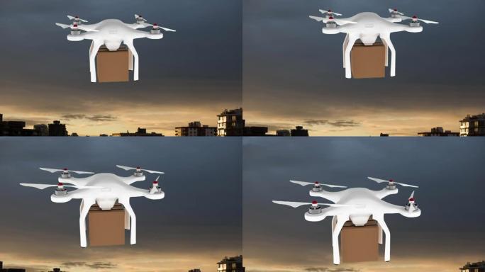 无人机在城市景观上携带纸板箱的动画