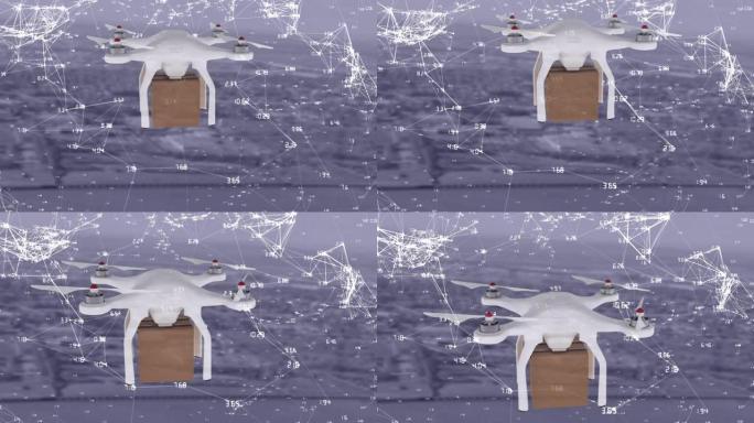 无人机在城市景观上带有连接网络的纸板箱的动画