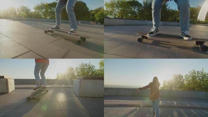 黎明时在城市街道上骑滑板的女滑板腿