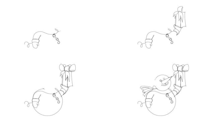 手拿礼品盒的雪人连续线描自画动画。