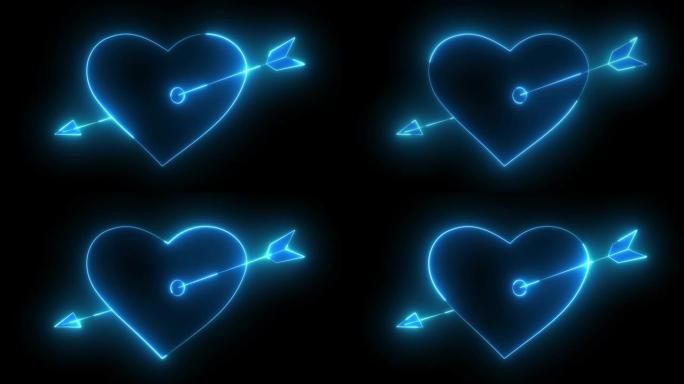 丘比特箭头刺穿的心脏轮廓的动态发光对黑色背景的影响