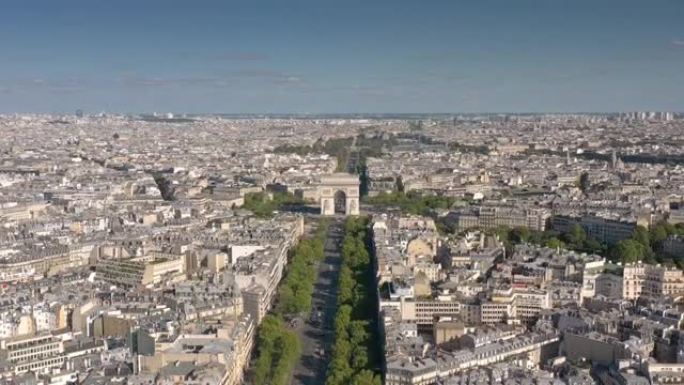 晴天飞越巴黎市著名交通大道拱门广场空中全景4k法国