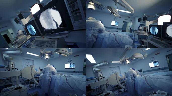 手术室中的现代化设备。脊柱手术。脊柱的x射线。手术室里的一群外科医生。