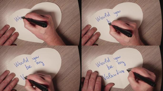 男人的手白色短语我爱你，大白纸上有蓝色记号笔。情人节的准备。