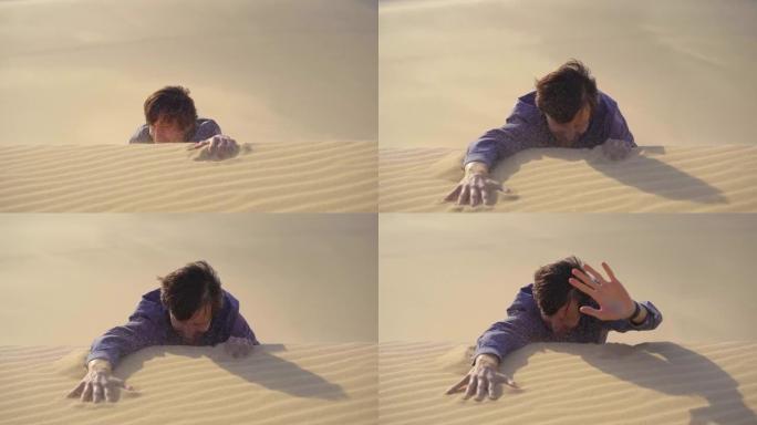 一个穿着办公室布的人爬上沙漠中的沙丘。克服业务挑战