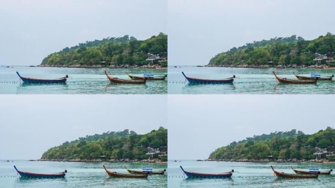泰国萨顿利普岛芭堤雅海滩长船和蓝水的延时拍摄
