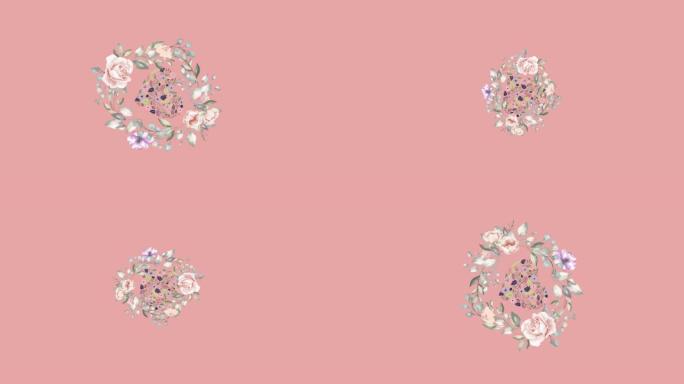 淡花花环的动画和粉红色背景中心旋转的花朵的心形