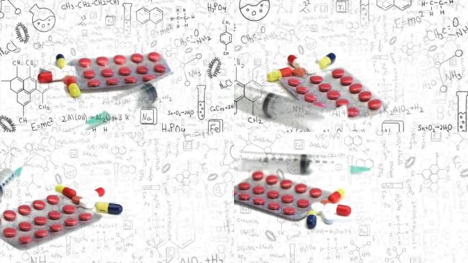 白色背景上的数学方程式和化学图标上的药物动画