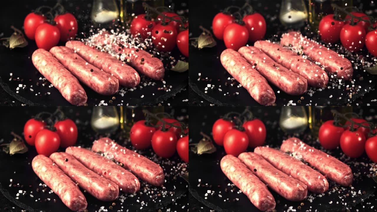生香肠上的超级慢动作滴盐和胡椒粉。以1000 fps拍摄。