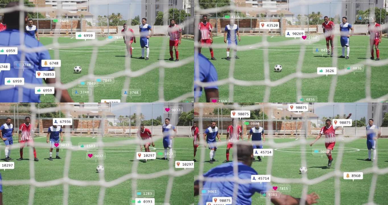 足球运动员踢球横幅上的社交媒体图标和数字的动画