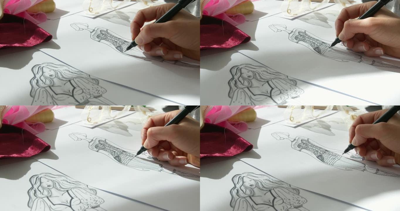 设计师用铅笔在纸上画出时尚女装的草图。艺术家在工作场所培养出时尚的外观。