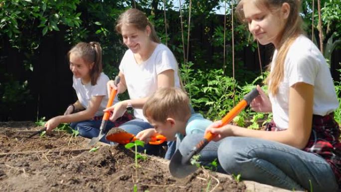 幸福的微笑家庭，孩子们用铁锹挖地，在房子后院的花园床上种菜