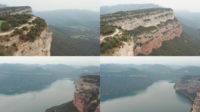 3个剪辑!河附近落基山悬崖的空中拍摄，无人机在自然景观上向前飞行 -- 西班牙塔维特