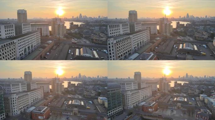 在日落时照亮伦敦的城市景观，空中