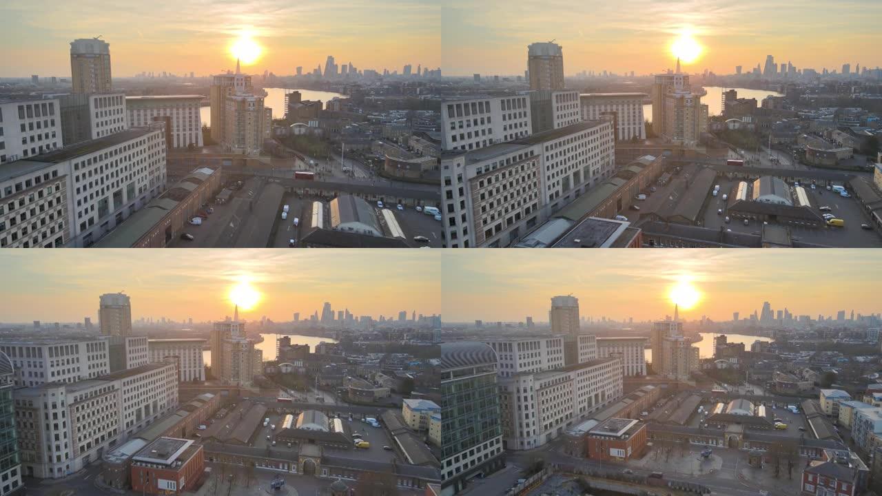 在日落时照亮伦敦的城市景观，空中