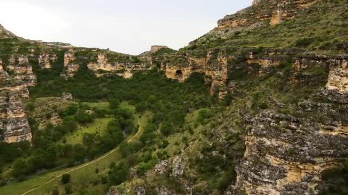 空中峡谷视图，大峡谷鸟瞰图，空中山谷视图，峡谷内的树木和山脉，背景视频