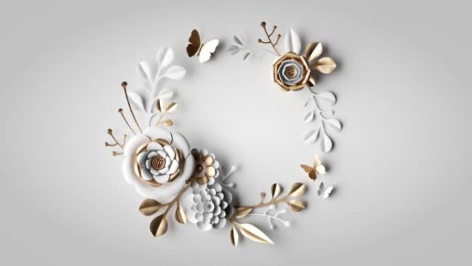 3d渲染，白色和金色纸花和叶子的圆形花环出现在白色背景上，花卉贺卡模板，纸工艺植物壁纸
