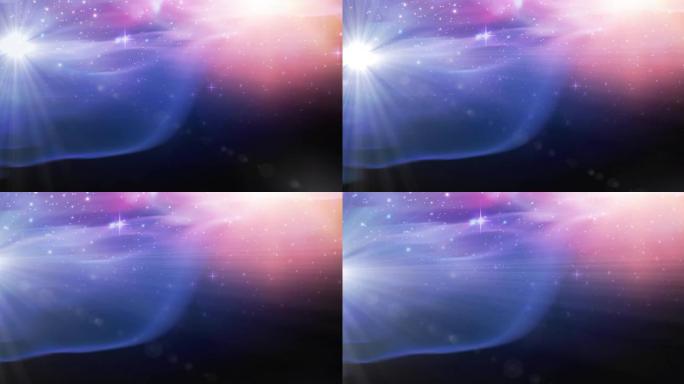 宇宙中蓝色，粉红色和紫色光迹上发光星星的动画