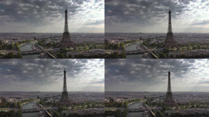 阴天巴黎城市景观中心著名塔广场河畔湾空中全景4k法国