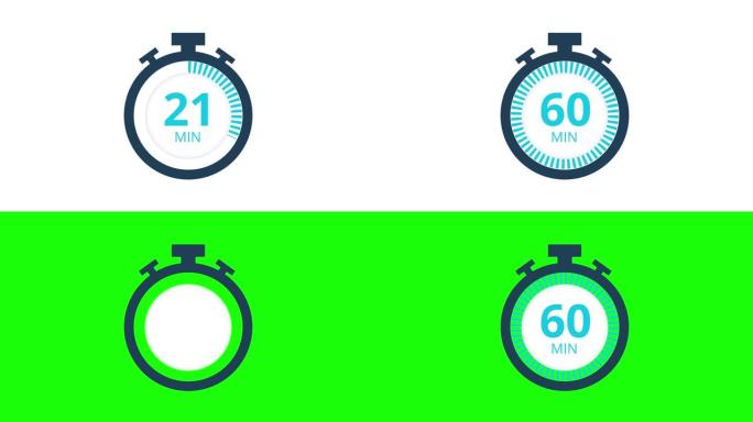 60分钟，秒表图标。平面样式的秒表图标，彩色背景上的计时器。运动图形。