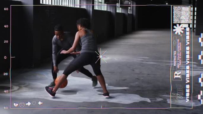 视频游戏界面对抗男女打篮球的数字动画
