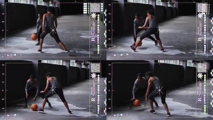 视频游戏界面对抗男女打篮球的数字动画