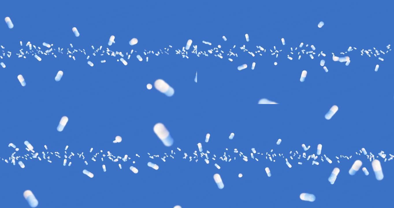 在蓝色背景上飞行许多医用胶囊。医学和制药概念。白色药丸胶囊旋转的3D动画。循环动画。