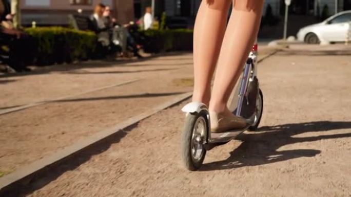 特写4k视频，阳光明媚的日子，穿着芭蕾平底鞋的年轻女子在城市公园骑踏板车时推脚