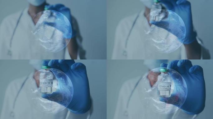 戴着口罩的科学家拿着新型冠状病毒肺炎疫苗的地球仪动画