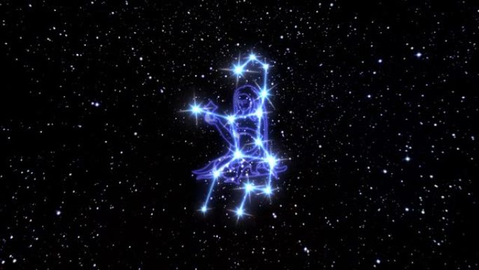 黄道星座处女座是由发光线连接的亮星星座。宇宙夜空中黄道十二宫星座的动画。星座和星座的象征。