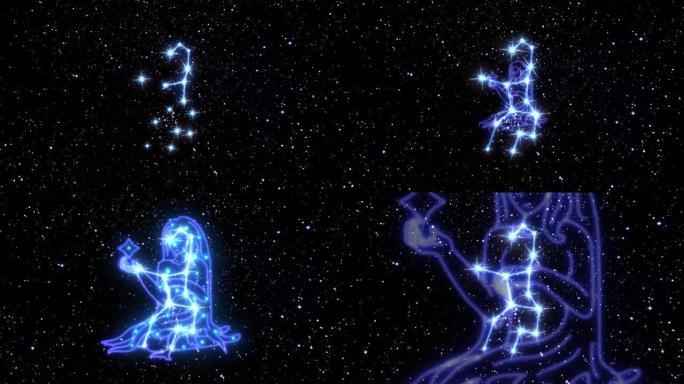黄道星座处女座是由发光线连接的亮星星座。宇宙夜空中黄道十二宫星座的动画。星座和星座的象征。