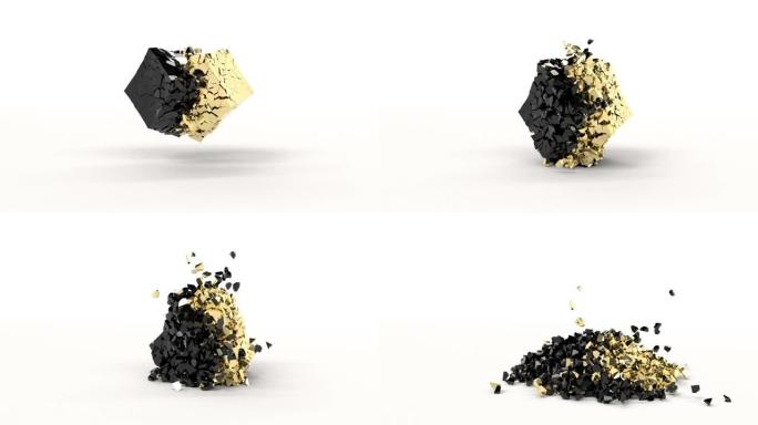 金色和黑色立方体碰撞形成许多碎片4k