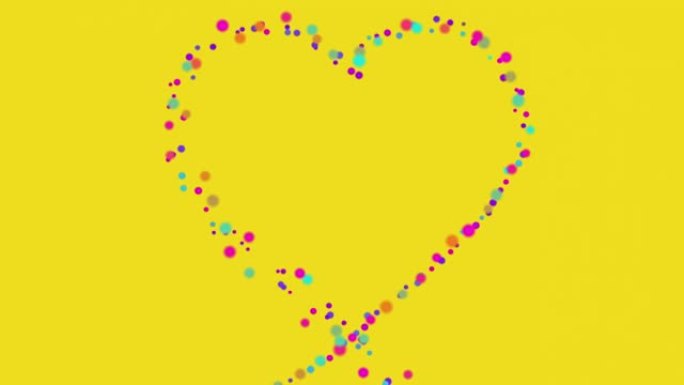 黄色背景上的彩色小颗粒和圆点形心形。无缝循环动画