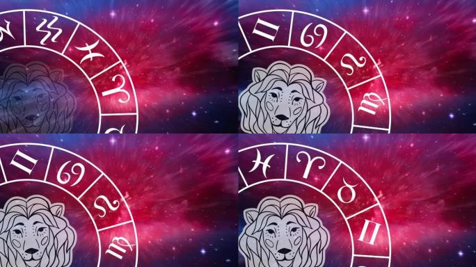 旋转的星座轮在发光的星星上的狮子座星座符号的动画