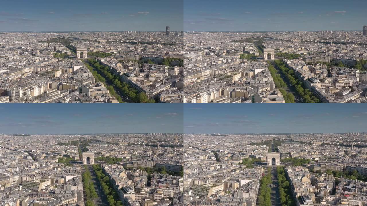 晴天飞越巴黎市著名交通大道拱门广场空中全景4k法国