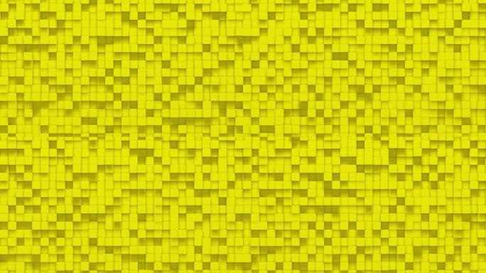 黄色小盒立方体随机几何背景。抽象方形像素马赛克插图。地块背景。幻想分形设计。数字艺术。4k的3d动画
