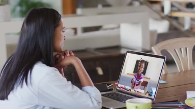 非裔美国女教师在家里的笔记本电脑上与非裔美国女孩进行视频通话