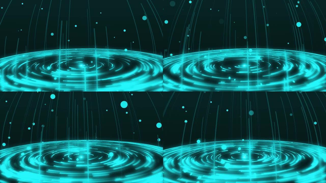绿松石抽象螺旋涡旋微粒科幻未来时尚发光几何形状与霓虹灯线无缝，美丽抽象复古背景，DJ VJ运动背景，