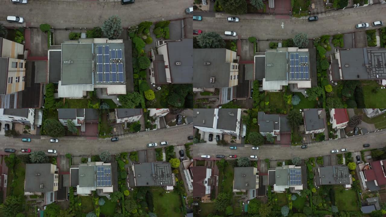 欧洲村庄的鸟瞰图，在波兰格丁尼亚的小屋的屋顶上安装了住宅楼和太阳能电池板。