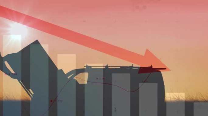 红色箭头指向下的动画，货车和送货员在日落时用纸板箱