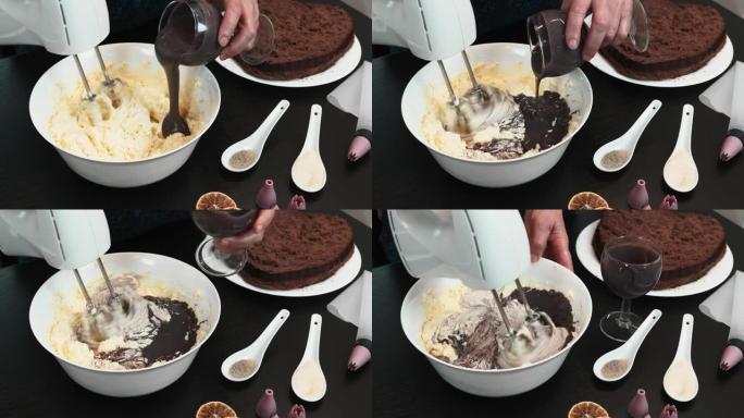 女人正在制作巧克力奶油，将热巧克力加入黄油碗中。女性面包师正在使用电动手动搅拌器搅打黄油和热可可巧克