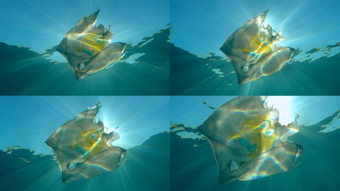 慢动作，塑料污染，使用带有黄色笑脸的白色塑料袋在阳光下慢慢漂流在水下。低角度镜头，背光。塑料垃圾环境