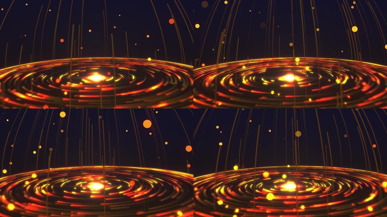 橙色抽象螺旋涡旋微粒科幻未来时尚发光几何形状与霓虹灯线无缝，美丽抽象复古背景，DJ VJ运动背景，循