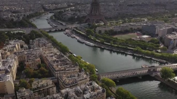巴黎河畔著名塔广场湾空中全景4k法国阳光明媚的夜晚飞行