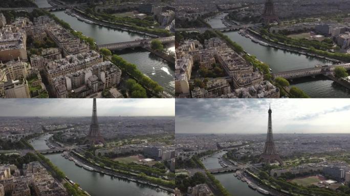 巴黎河畔著名塔广场湾空中全景4k法国阳光明媚的夜晚飞行