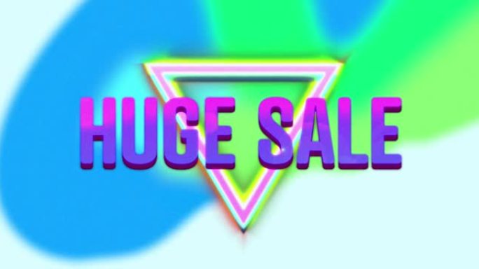 霓虹灯三角形和挥舞形状上发光紫色字母的巨大销售文本动画