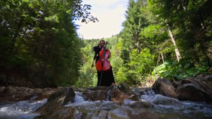 音乐家女人在自然背景下演奏大提琴。绿树、山河和大石头。
