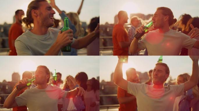 开朗的人在屋顶派对上喝啤酒。快乐的男人在户外跳舞。